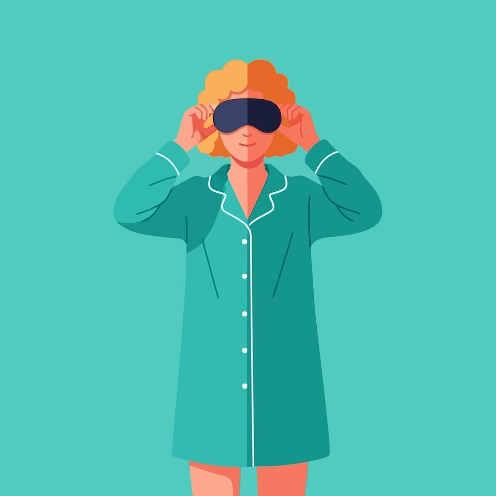 Woman Wearing Dark Sleep Mask and Turquoise Pajamas Getting Ready for Bed vector