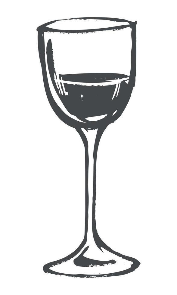 Wine glass black and white sketch. quick ink drawing of wine glass. Careless linear paint drawing of shot glass with liqueur. Alcoholic drink. Illustration for bar or restaurant. vector