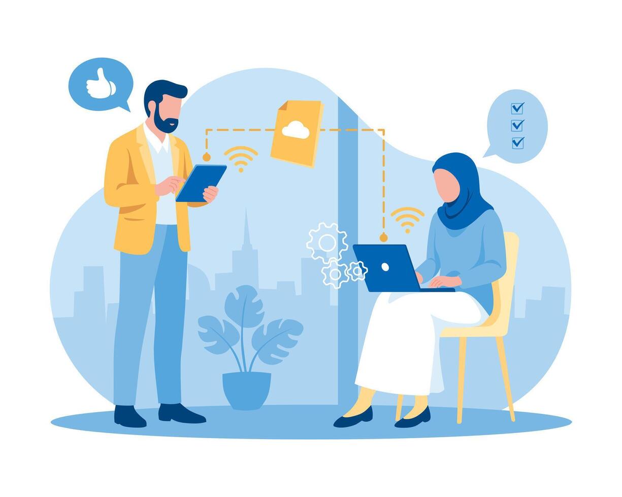 Flat Illustration of Cloud Technology and Data Transfer - A male coworker checks his female coworkers work in real time using wireless file sharing through a cloud service. vector