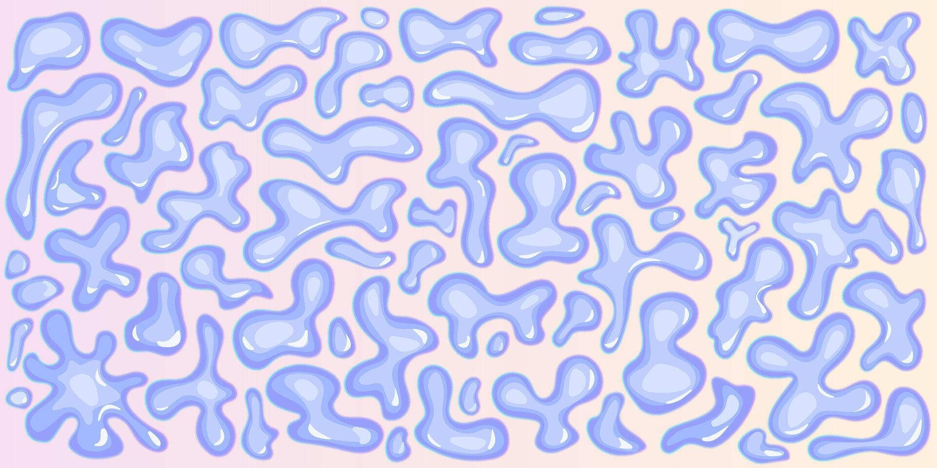 Blue glossy water liquid shapes, droplets background with psychedelic fluid blobs. Bundle of monochrome y2k bubbles with light 3D effect. Set of intense amorphous blots vector