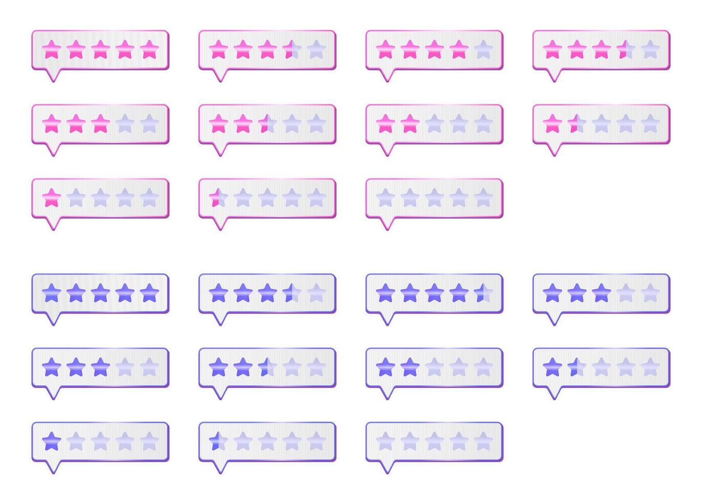 Rating with pink and blue stars, user rank with gradients, feedback and customer review sets. Customer service signs for a website and app vector