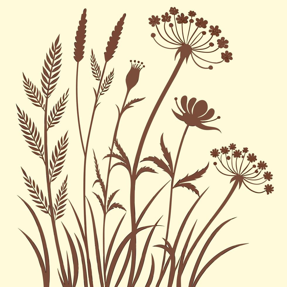 Brown silhouette of wild grasses and flowers on a cream background vector