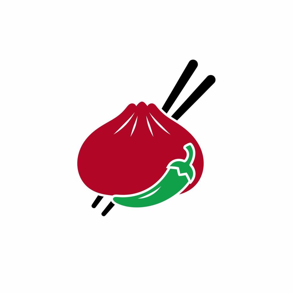 Stylized Dumpling with Chili and Chopsticks, Red and Green Food Icon vector