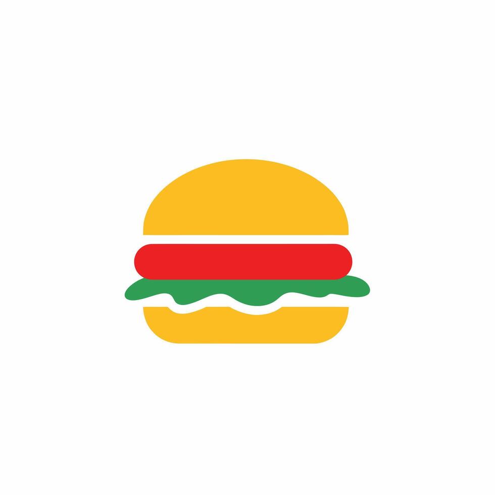 Simple Flat Icon of a Delicious Hamburger with Yellow Buns, Red Patty, and Green Lettuce vector