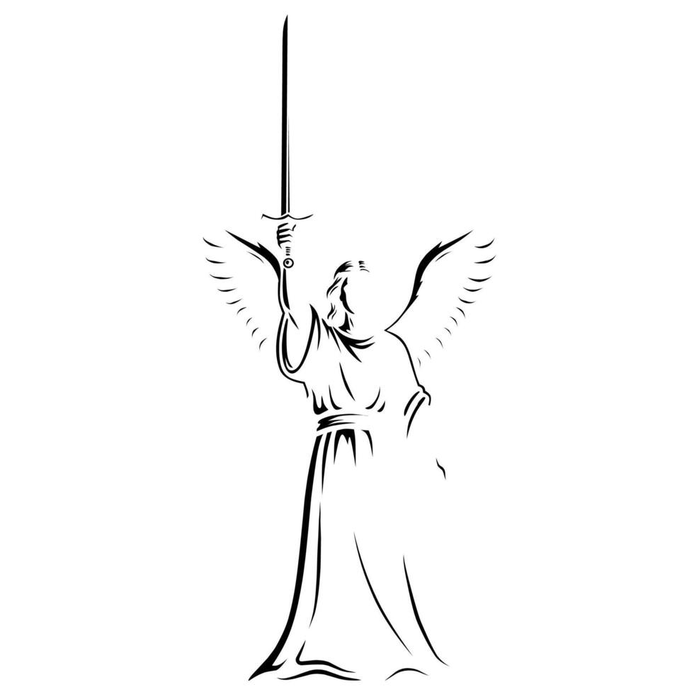 Line art drawing of an angel with wings and sword in hand. Minimalist outline illustration perfect for religious designs, fantasy books, or spiritual branding vector