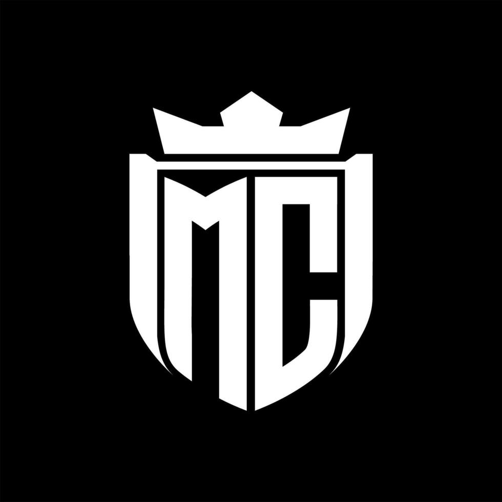 MC Letter logo shield shape inside shield badge crown on black background template design vector