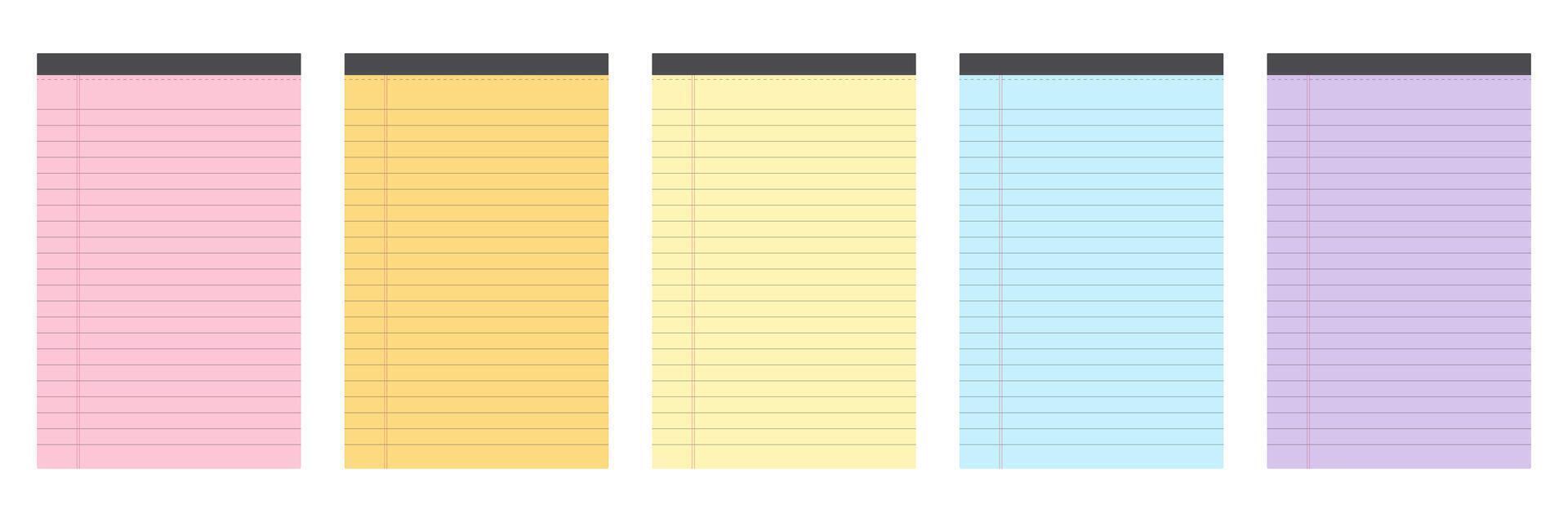 Colorful College Narrow Ruled Legal Pads. Lined paper with margin. Blank stationary for notes and writing. Isolated sheet for education document vector