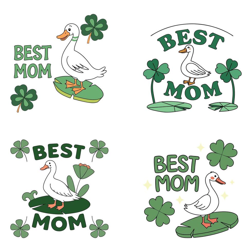 Cartoon ducks are standing on lily pads beside best mom texts and shamrocks vector