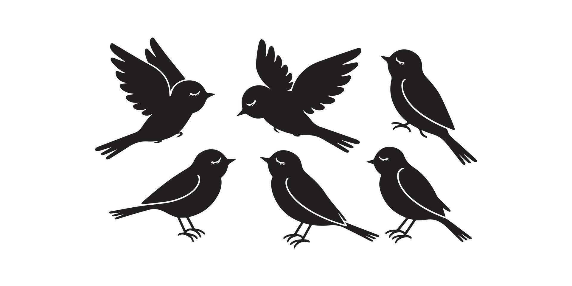 Multiple Small Bird Silhouettes Perched and Flying vector