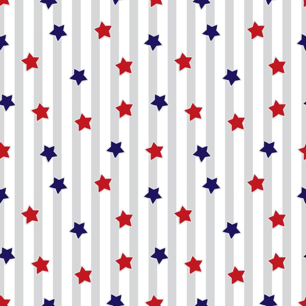 Red and blue stars on stripes background seamless pattern. Hand drawn illustration. For Cosmonautics Day, banners, covers, wrapping paper, wallpaper, textile. vector