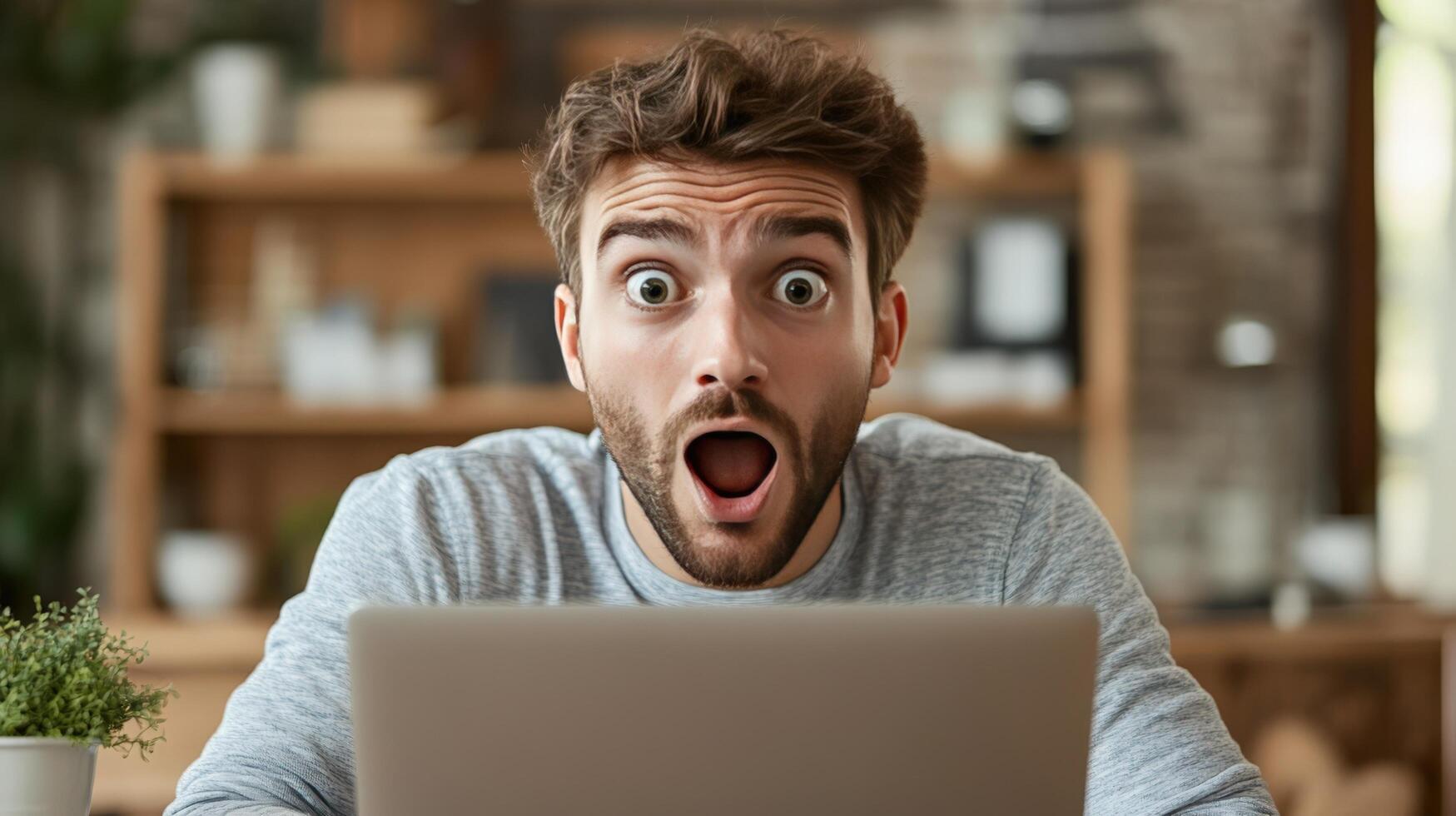 Surprised Man Reacting to Exciting New photo