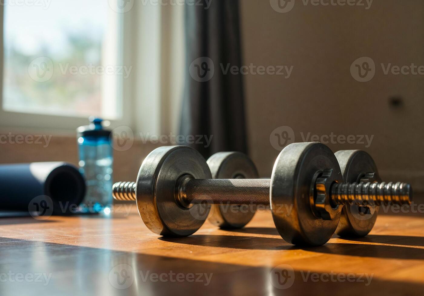 Dumbbells and water bottle on a wooden table photo