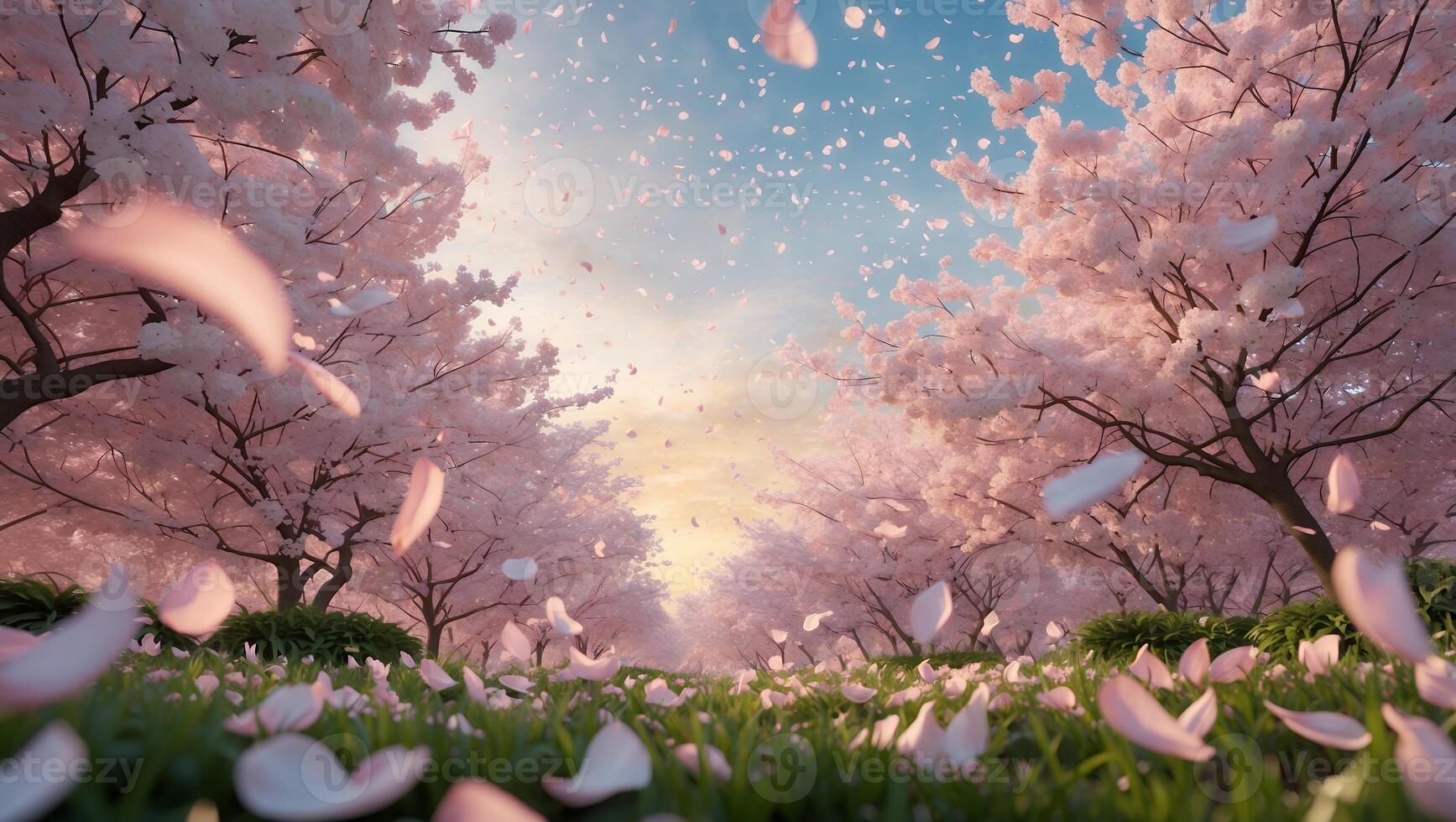 Cherry Blossom Petals Falling in Springtime Garden with Sunlight photo
