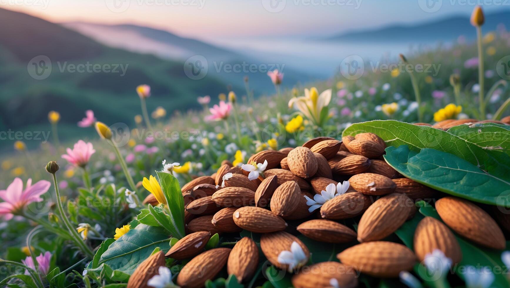 Almonds Displayed in a Meadow Landscape with Blooming Flowers photo