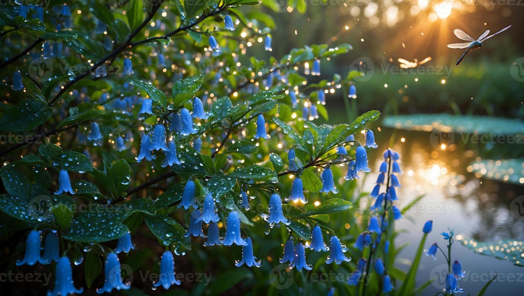 Bluebell Flowers Blooming Near Pond with Dragonflies at Golden Hour photo