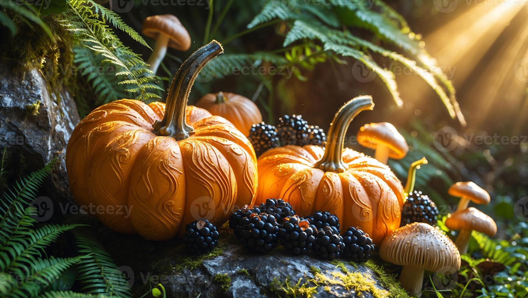 Pumpkins and Blackberries with Mushrooms in a Forest Setting photo