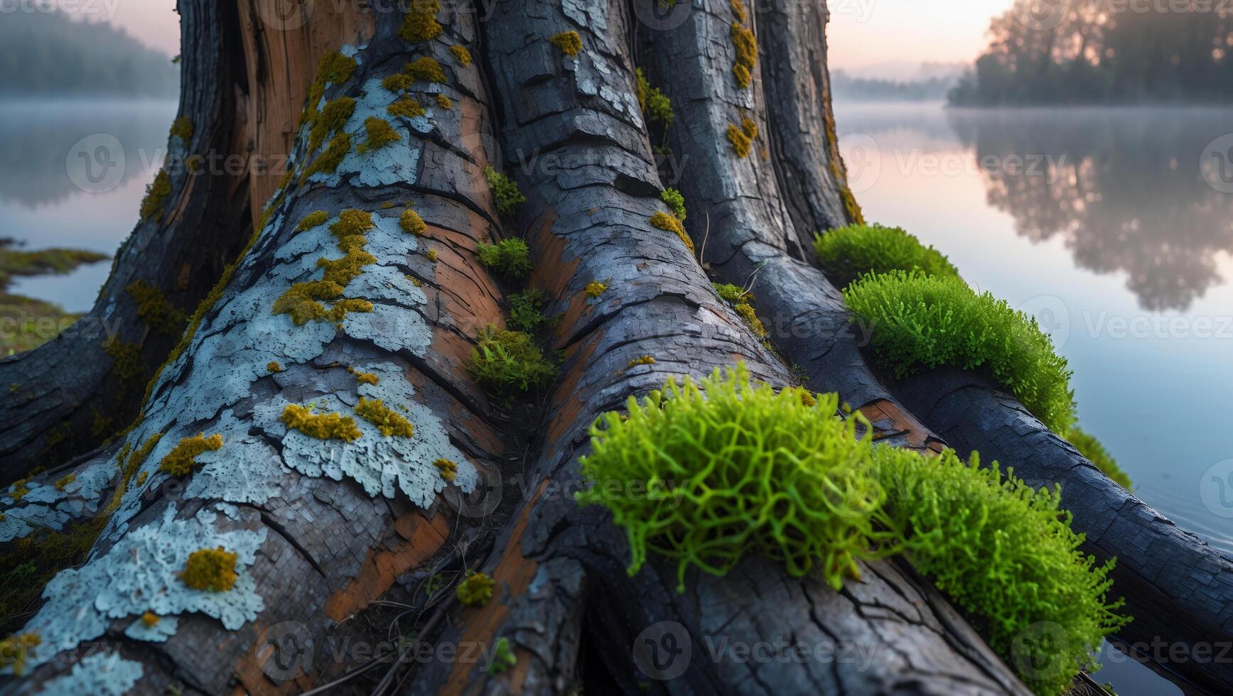 Mossy Tree Roots Beside Calm Lake at Dawn Provides Serenity photo