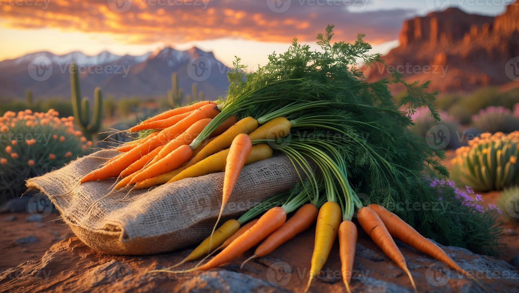 Carrots on Burlap in Desert Landscape During Sunset photo