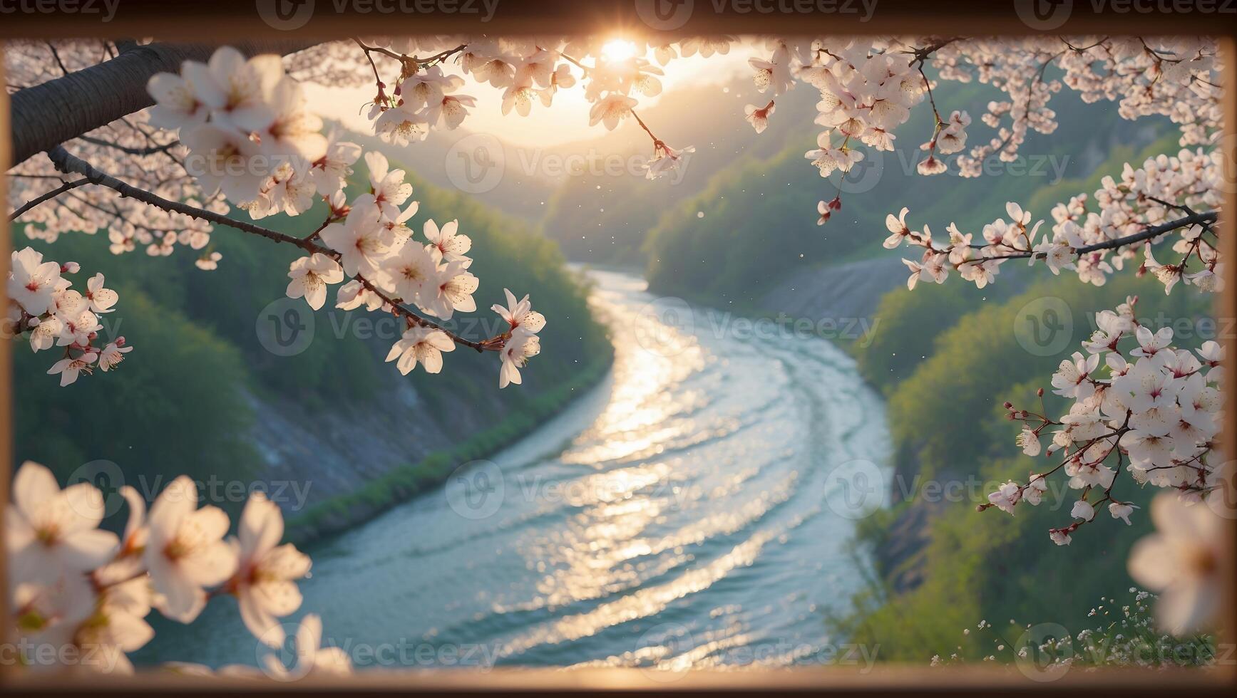 Scenic River Flowing Through Hills with Blooming Cherry Blossoms at Sunset photo