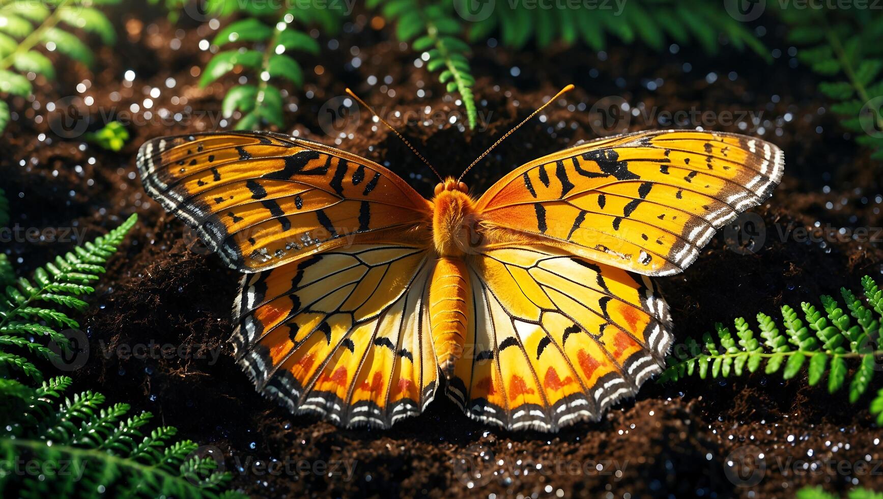 Butterfly Resting on Soil with Fern Plants in the Garden photo