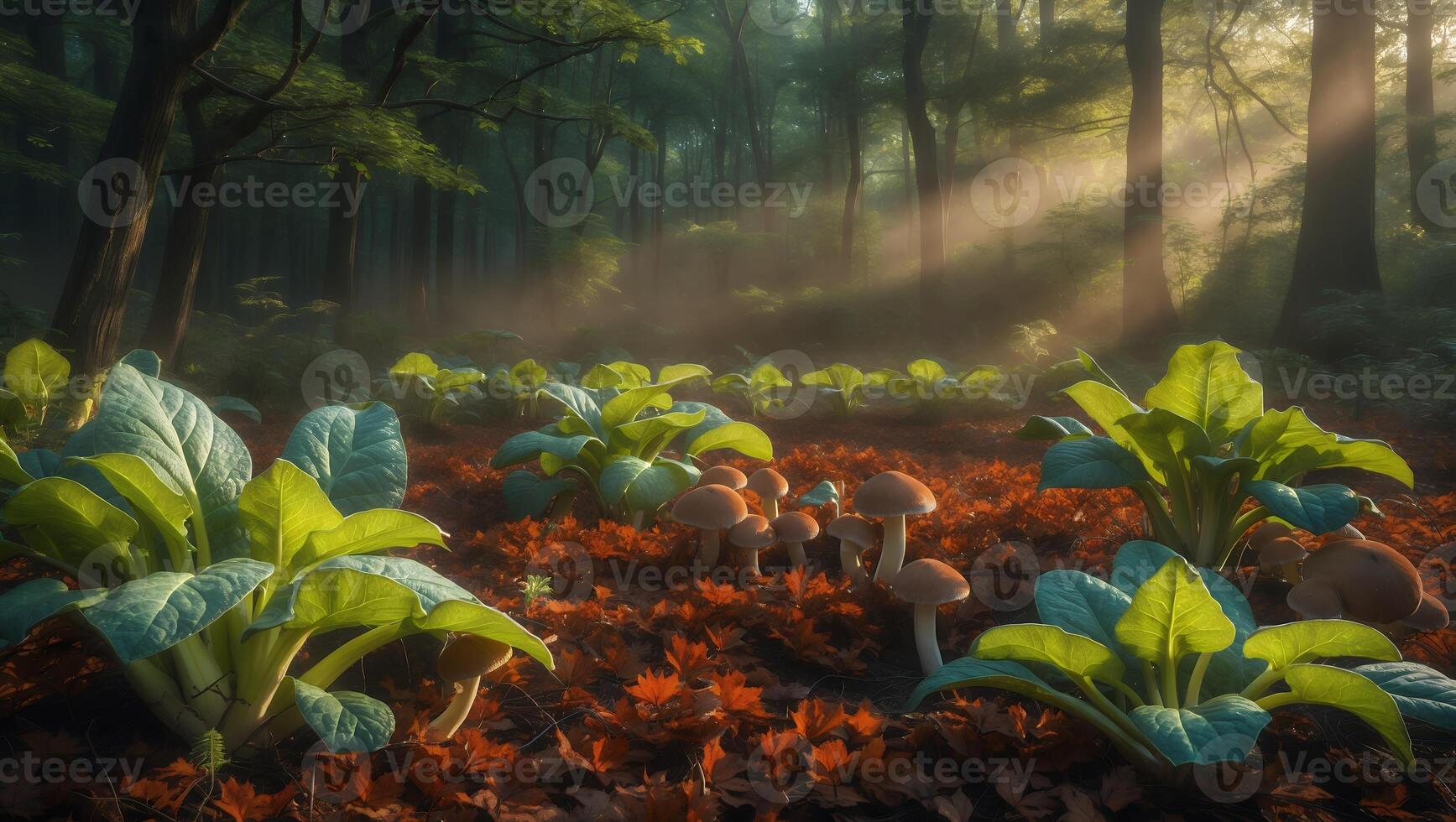Mushrooms and Plants in Forest with Autumn Leaves and Sunlight photo