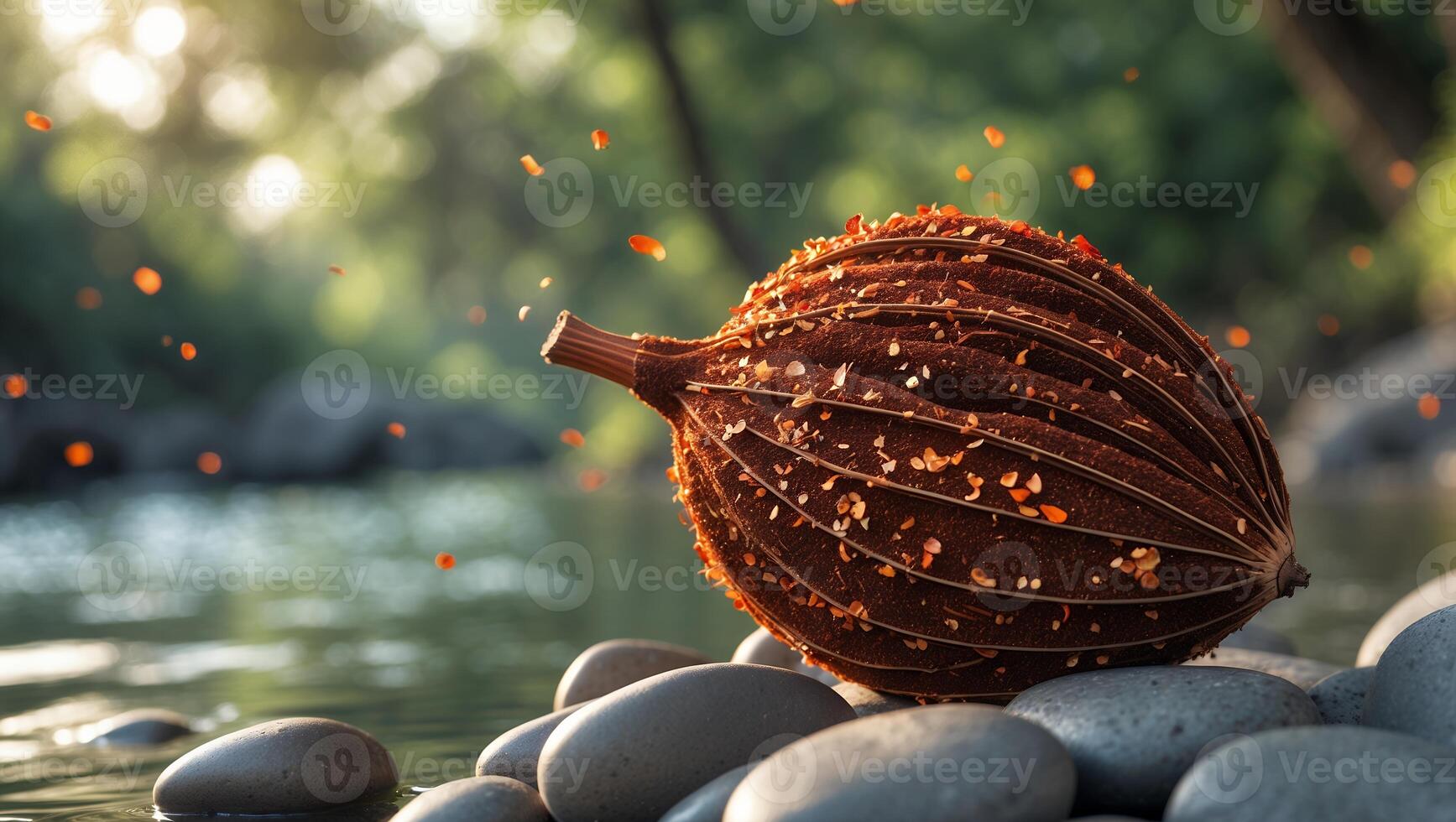 Brown Pod on Rocks by River with Petals and Sunlight photo