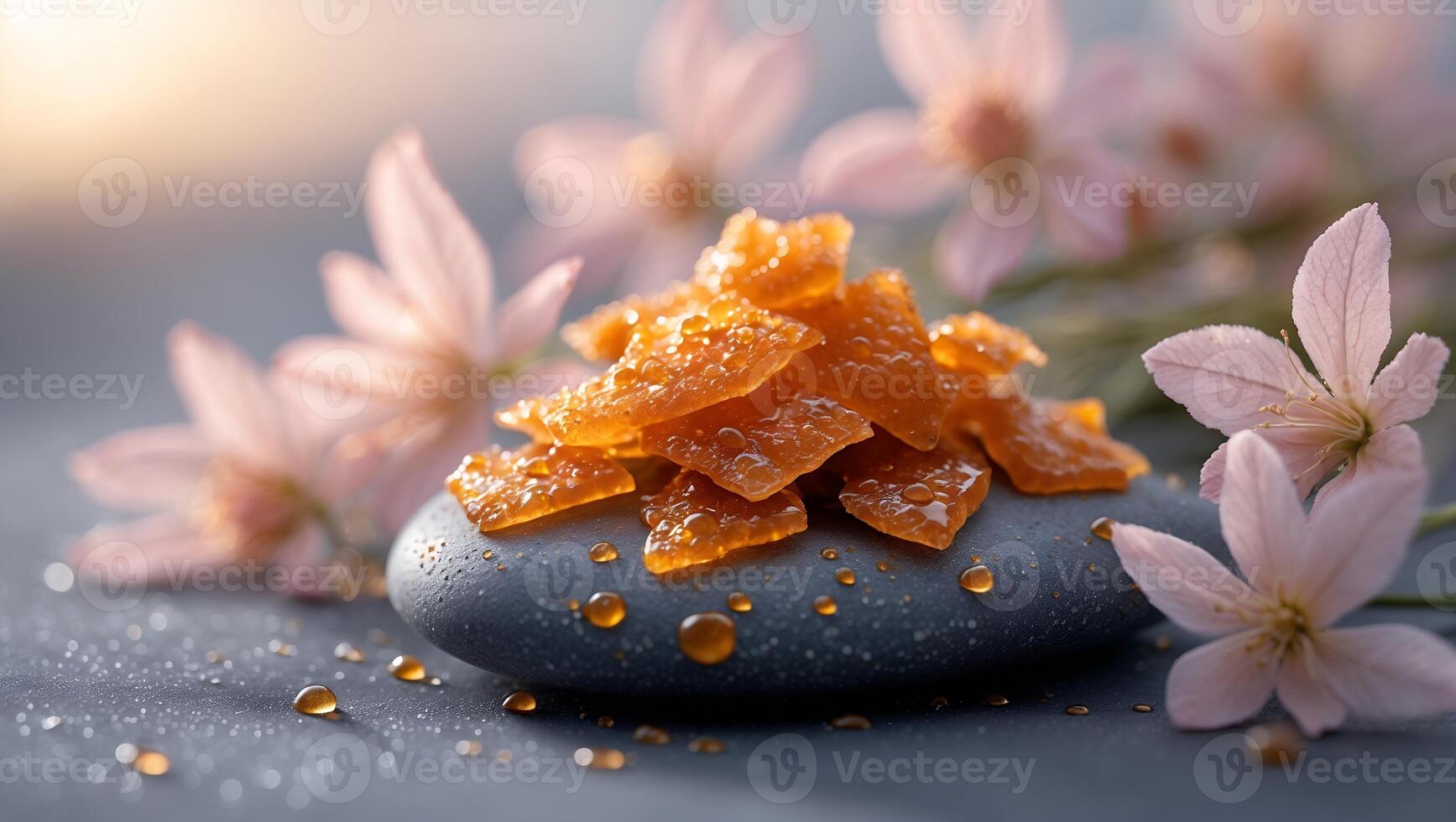Arrangement of Amber Crystals on Rock with Flowers in Soft Lighting photo