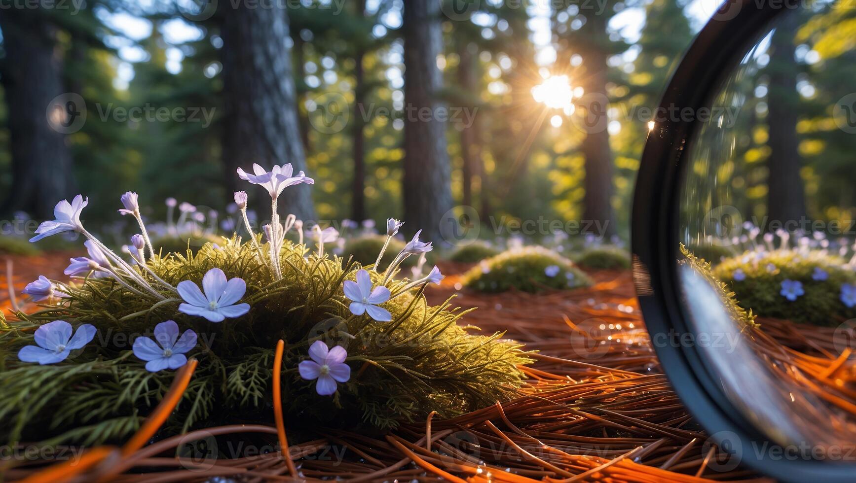 Forest Floor with Tiny Blue Flowers and a Magnifying Glass View photo