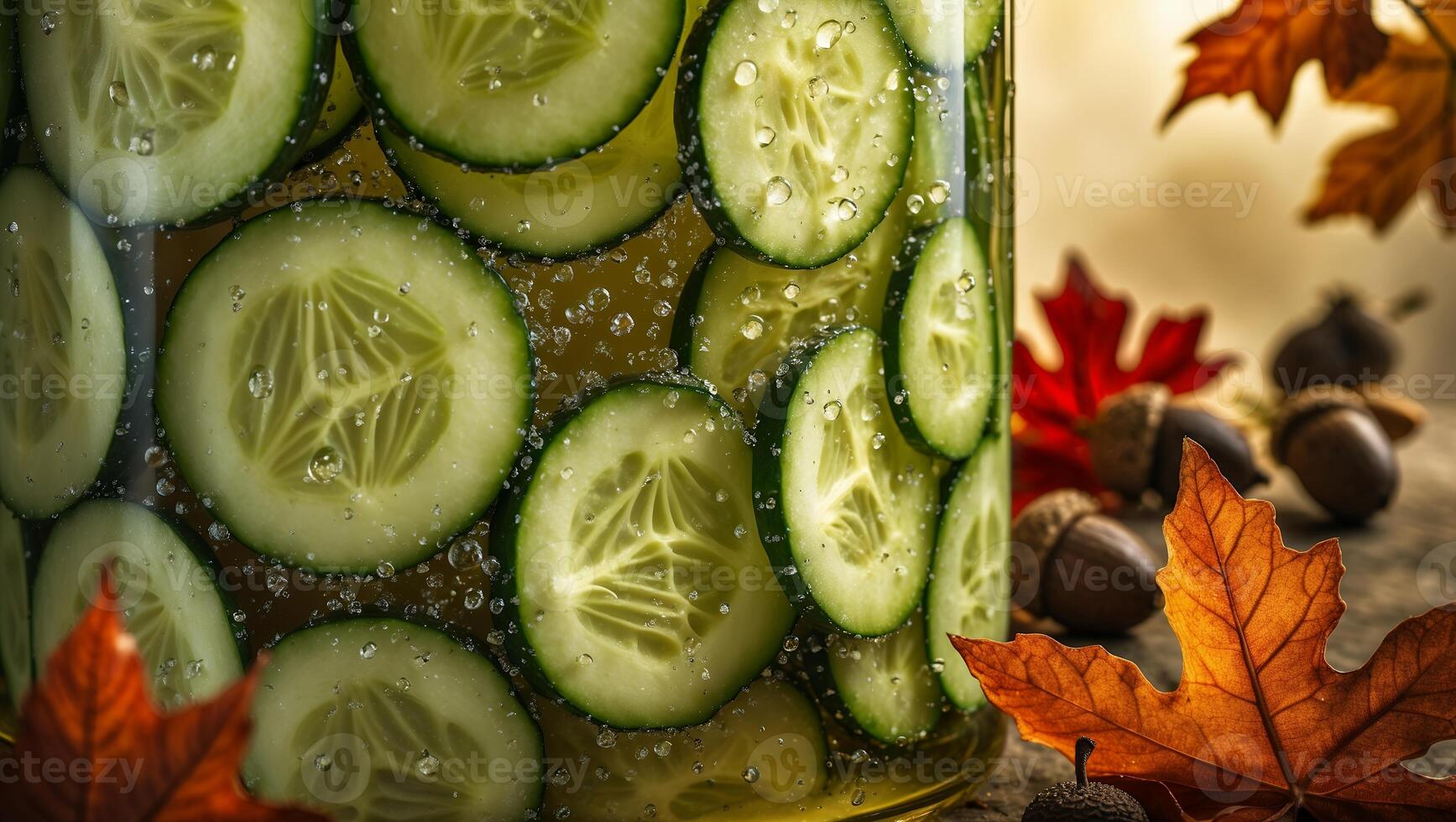 Pickled Cucumber Slices in a Jar with Autumn Leaves Decoration photo