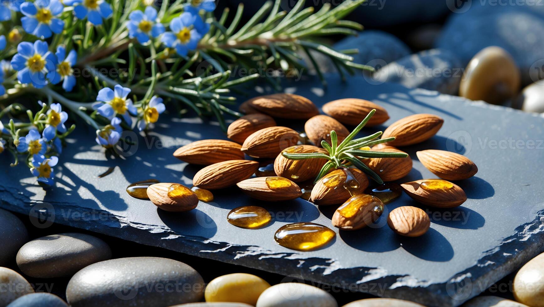 Almonds with Oil on Slate with Flowers and Pebbles Background photo