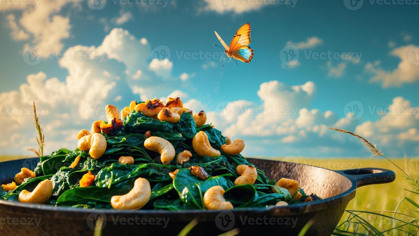 Spinach and Cashew Dish Outdoors with Butterfly Against Cloudy Sky photo
