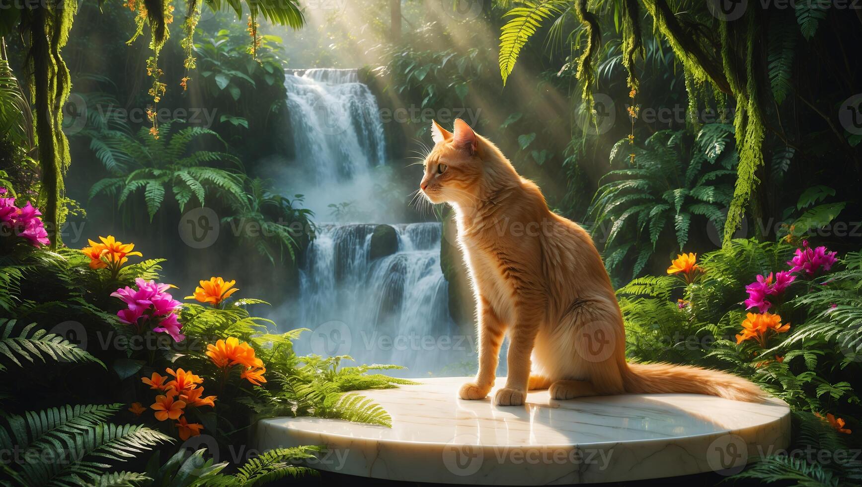 Ginger Cat Sits Overlooking Waterfall in a Lush Tropical Paradise photo