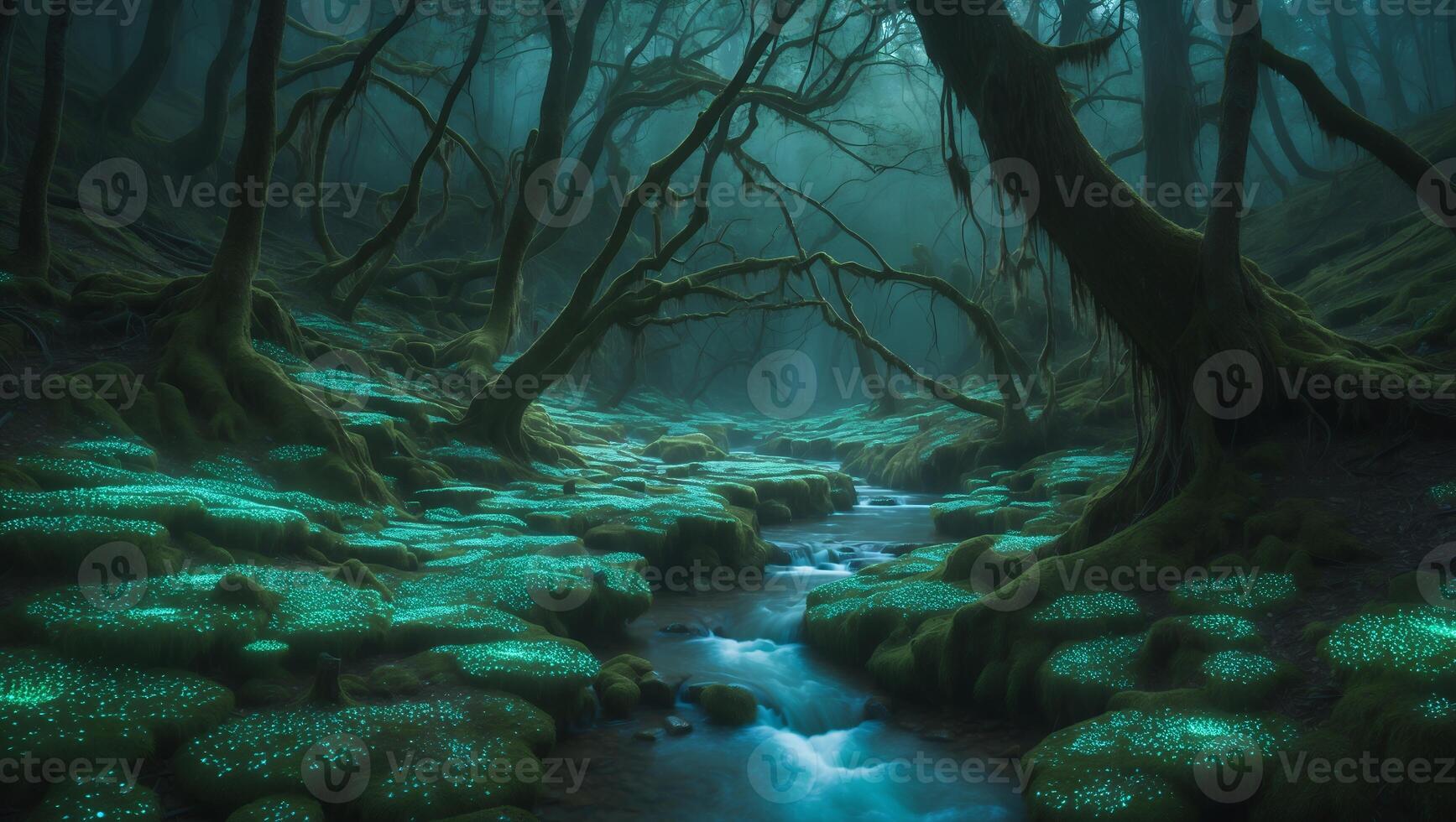 Flowing Stream Through Mysterious Glowing Mossy Forest Landscape photo