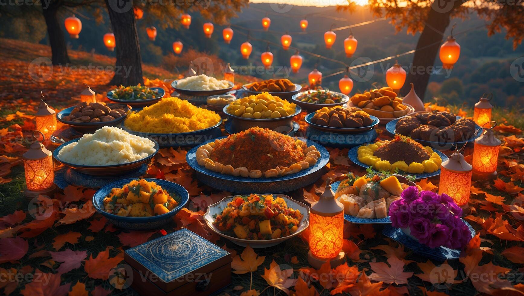 Celebrating with Festive Food and Lanterns on Colorful Autumn Leaves photo