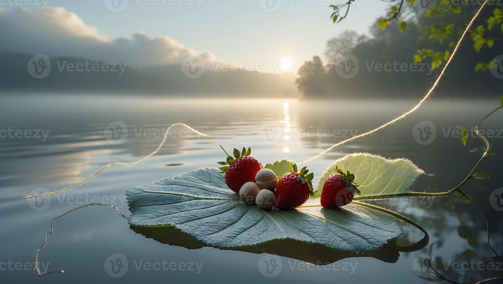 Strawberries and Candies on Leaf Floating on Lake at Sunrise photo
