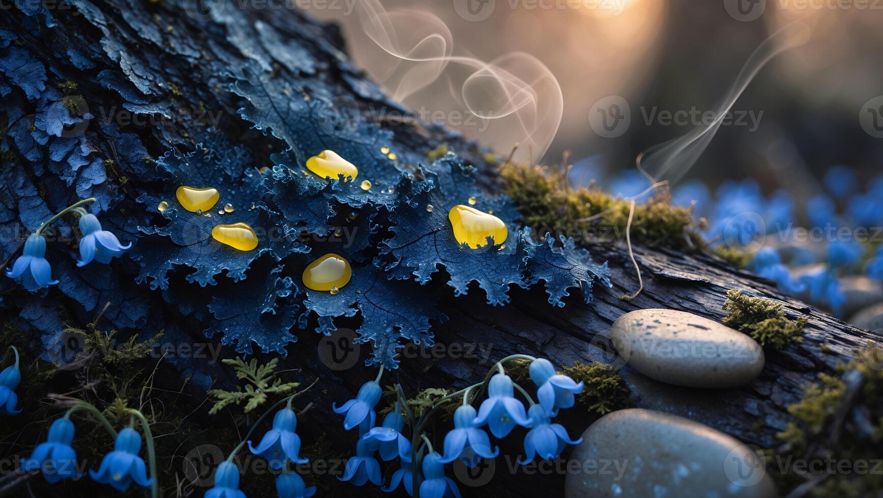 Bluebells and Stone with Water Droplets on a Mossy Log photo