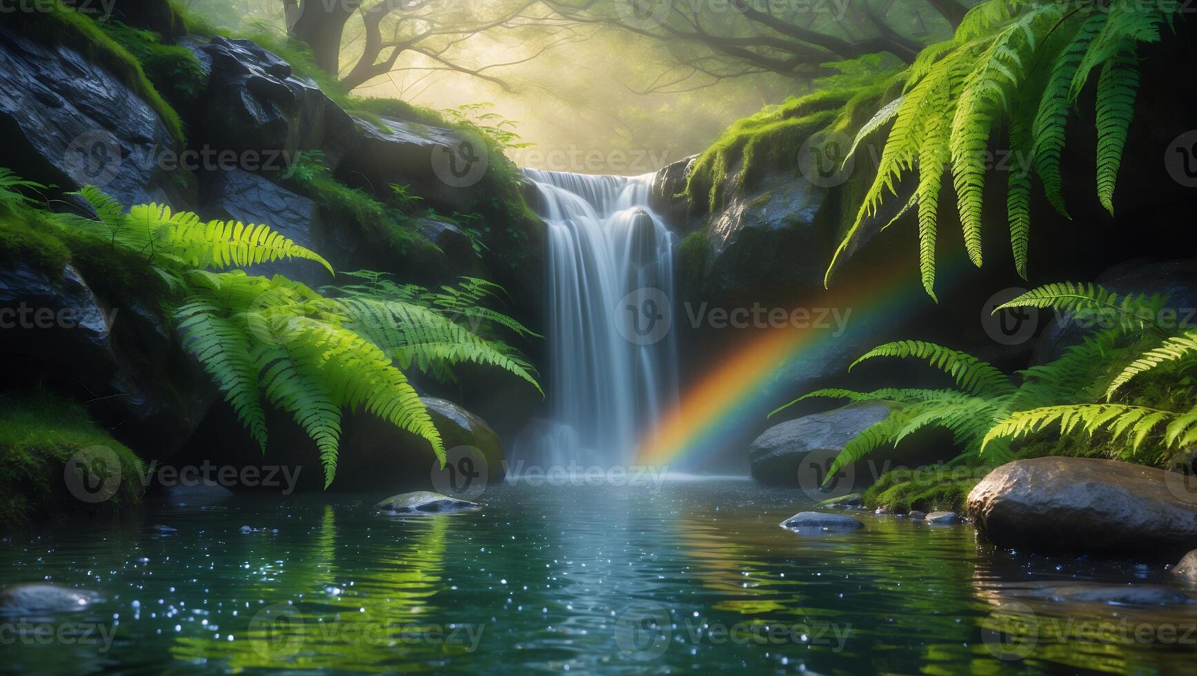 Cascading Waterfall Flows Into Clear Pond with Rainbow and Ferns photo