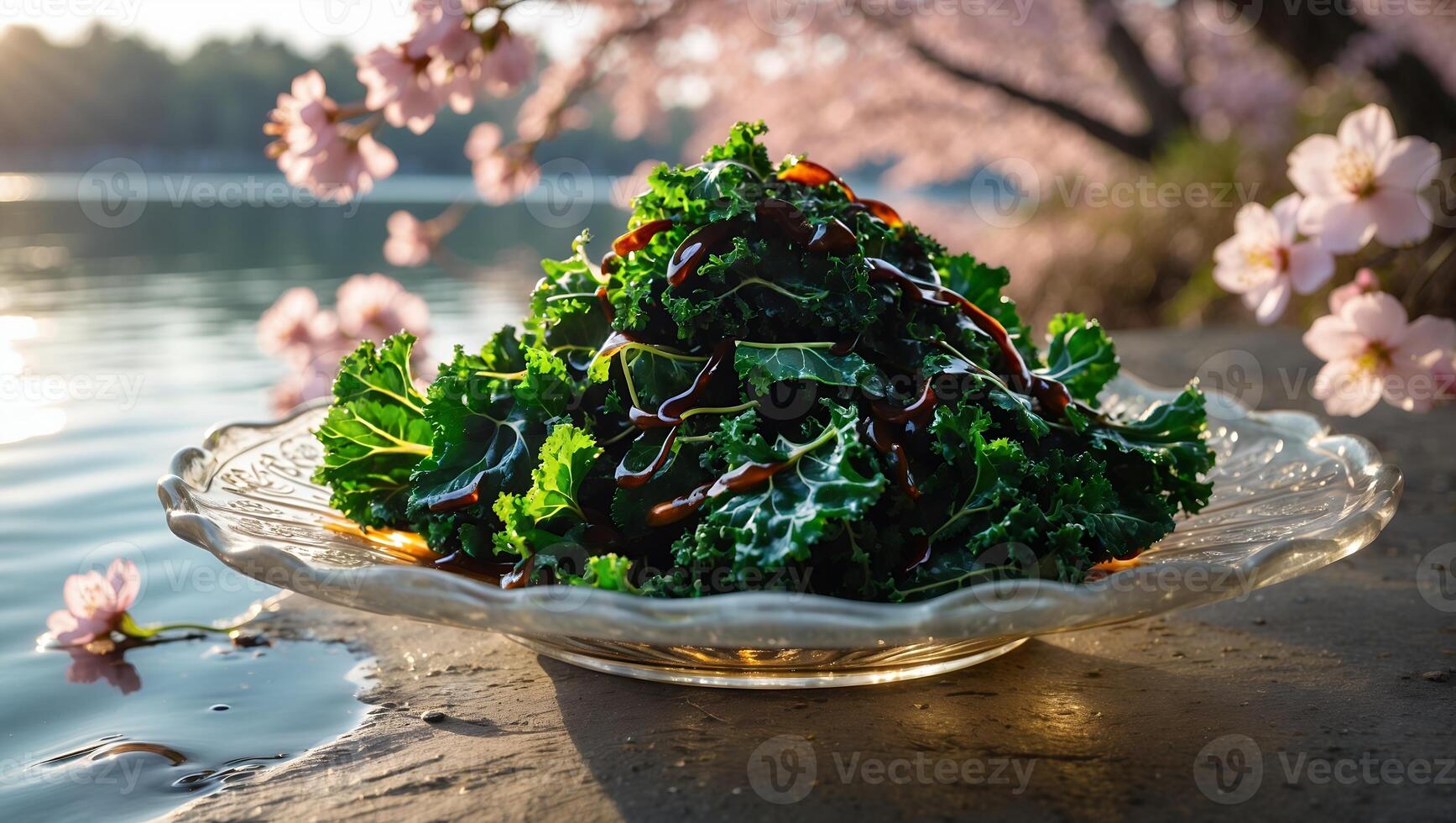 Kale Salad Topped with Sauce and Blossom Background by Lake photo