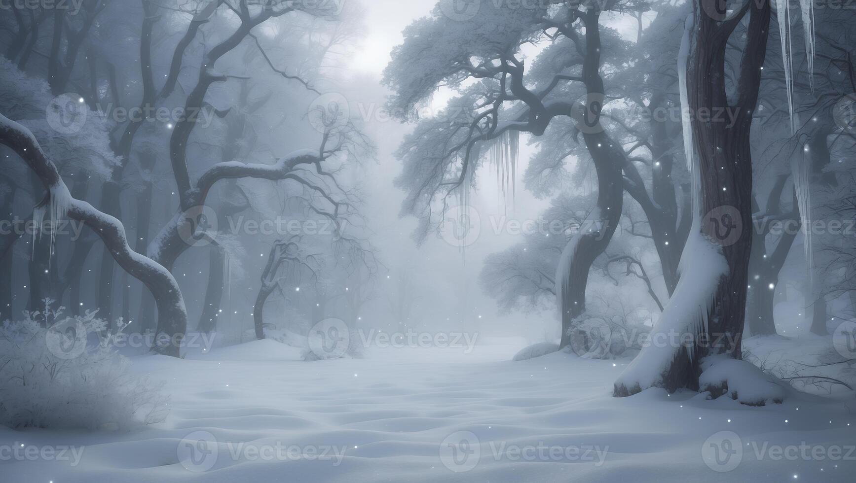 Snow Covered Forest Scene with Fog and Icicles on Trees photo