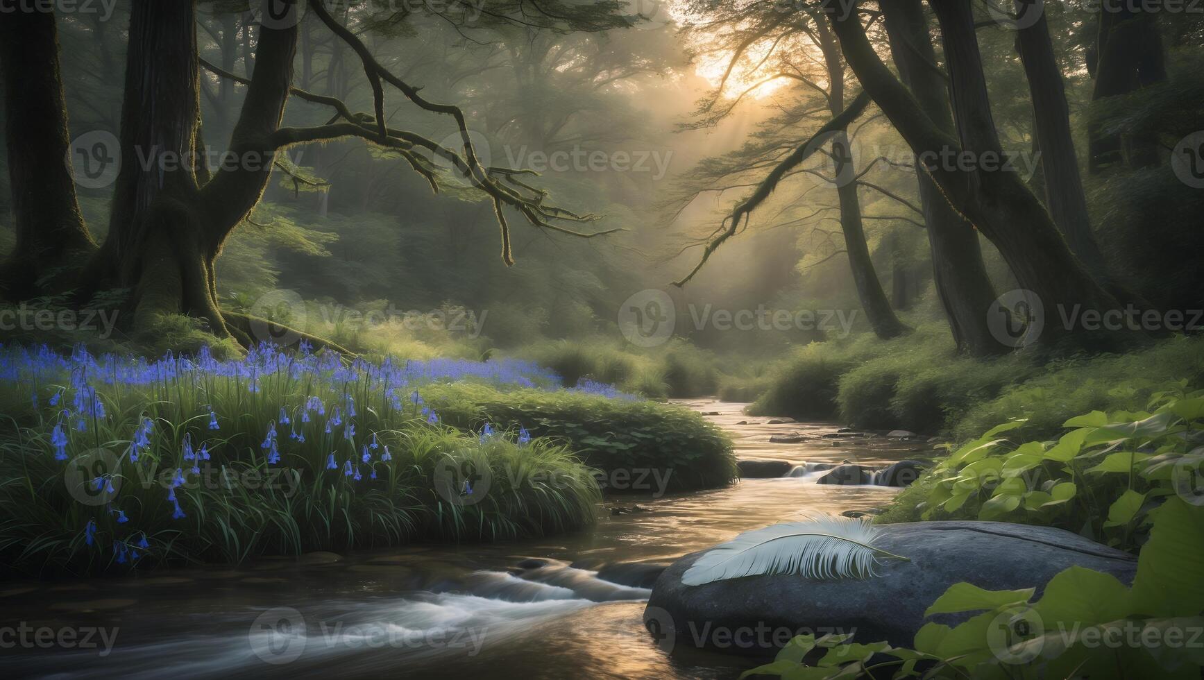 Flowing Stream Through Forest with Blue Flowers and a Feather photo