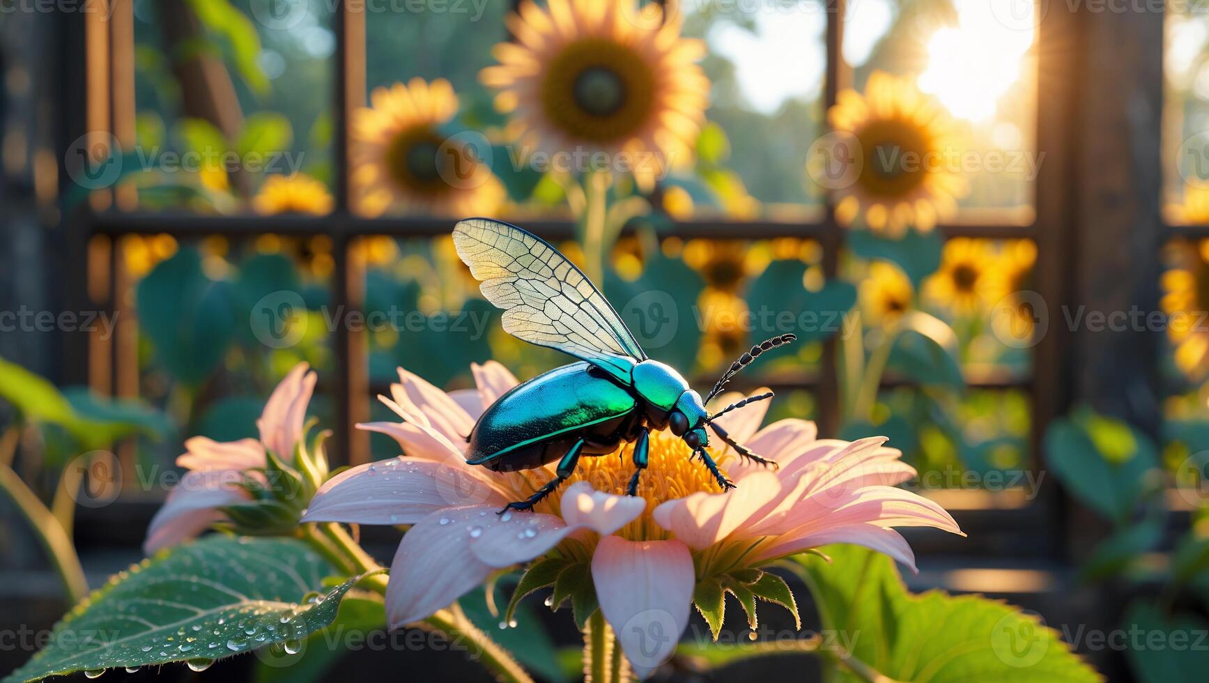 Iridescent Beetle Resting on Flower with Sunflowers in the Background photo