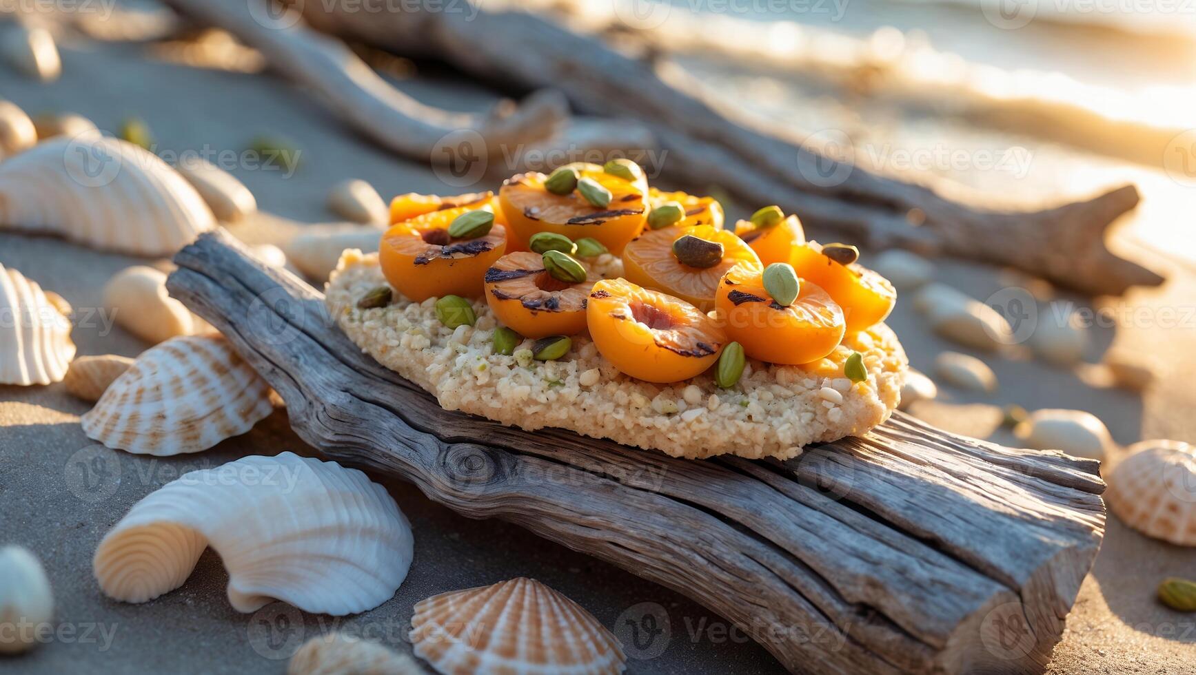 Apricot and Pistachio Dessert on Log at Beach with Seashells photo