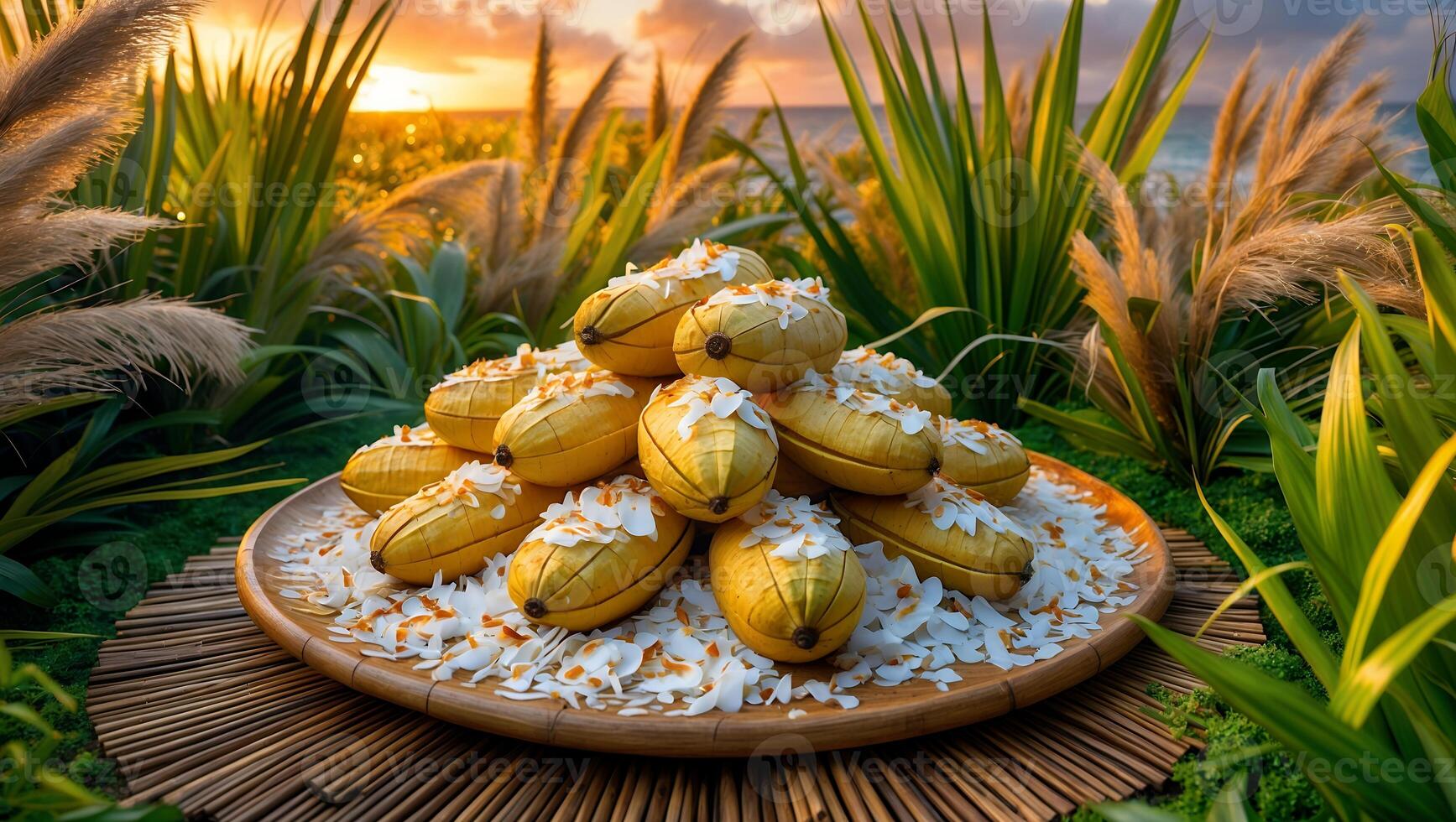 Yellow Fruit Stacked on Plate Outdoors with Sea and Sunset photo