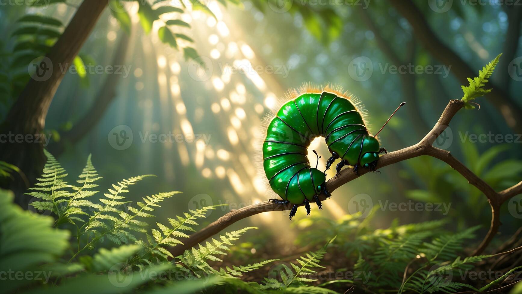 Caterpillar on Branch Sunlight Filtering Through Forest Canopy photo