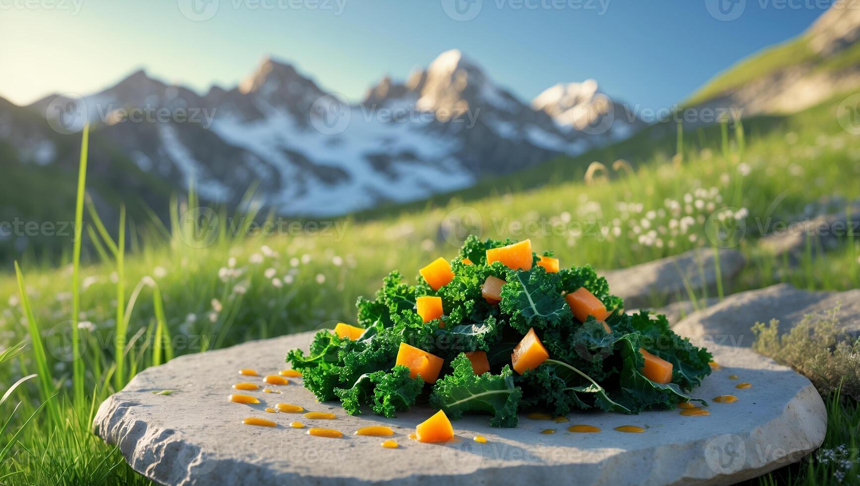 Kale and Butternut Squash Salad Presented in Mountain Landscape photo