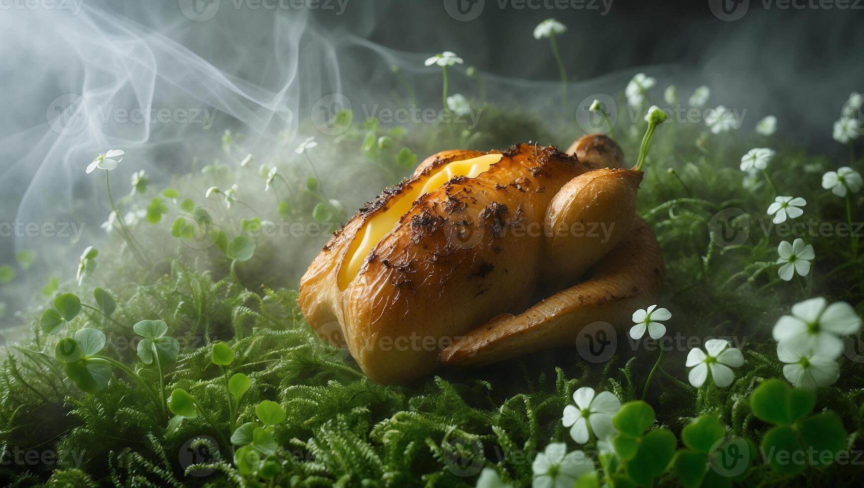 Roasted Bird on Mossy Ground with White Flowers and Mist photo