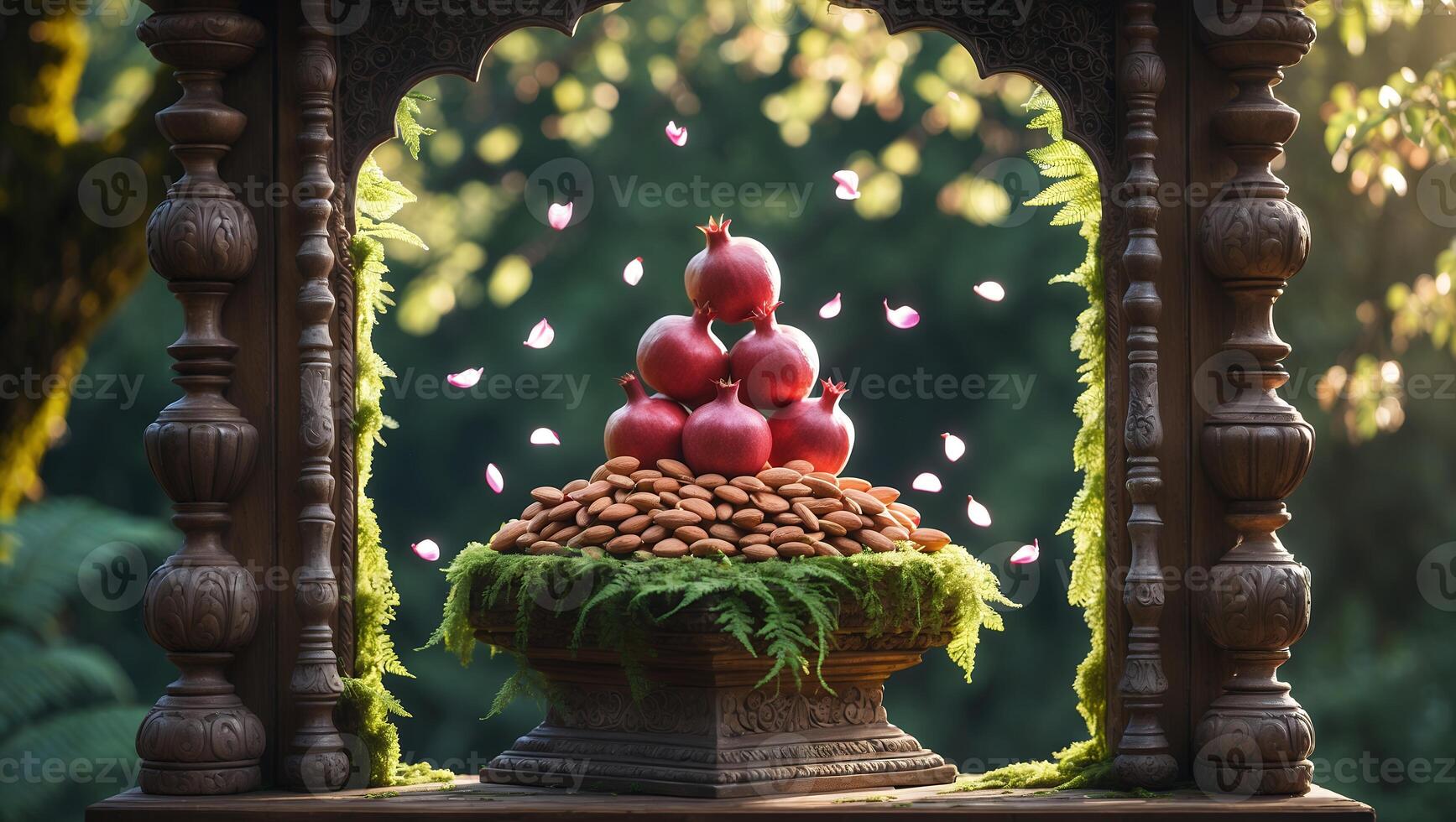 Pomegranate Pyramid on Almonds Displayed in Natural Wood Frame with Flowers photo