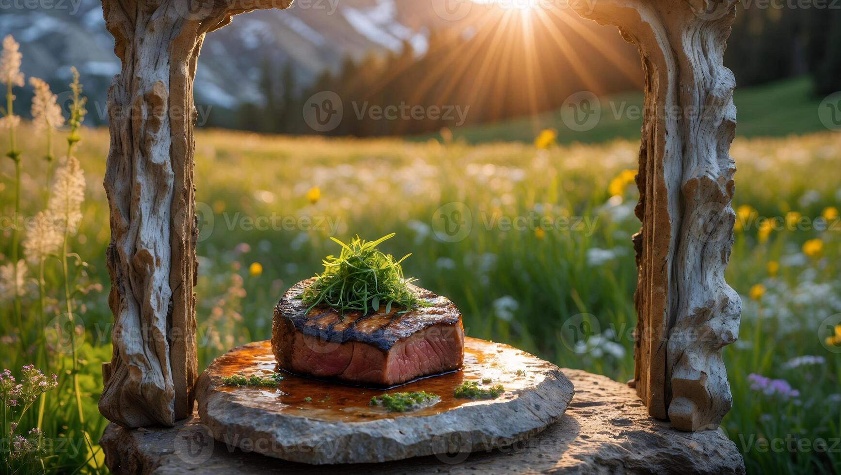 Grilled Steak on Stone Plate in Meadow at Sunset Dining Concept photo