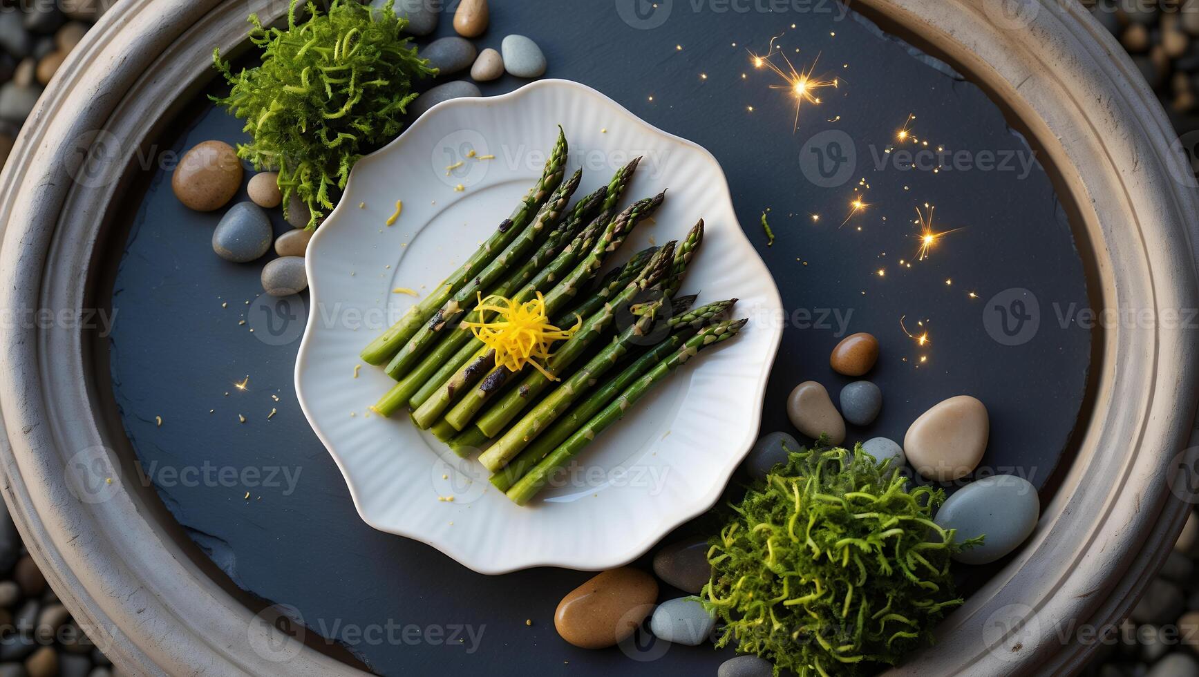 Grilled Asparagus on Plate with Lemon and Rocks Aesthetic Setting photo