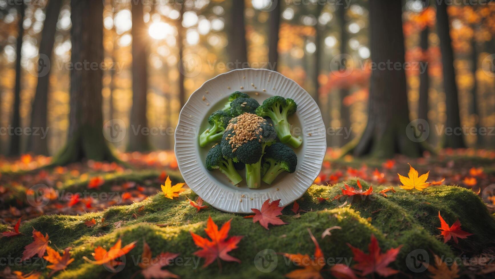 Broccoli Plate in Forest Autumn Setting Surrounded by Fallen Leaves photo